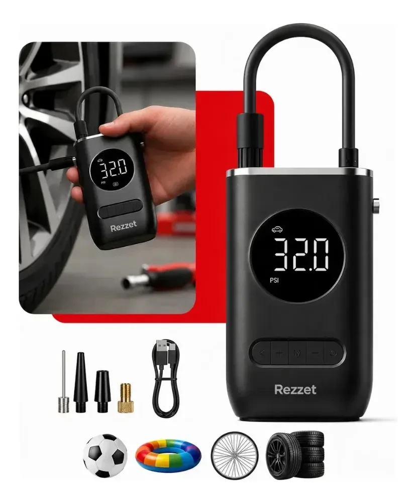 Mini Compressor Digital Rezzet Portátil com Calibrador para Carro, Bicicleta e Moto